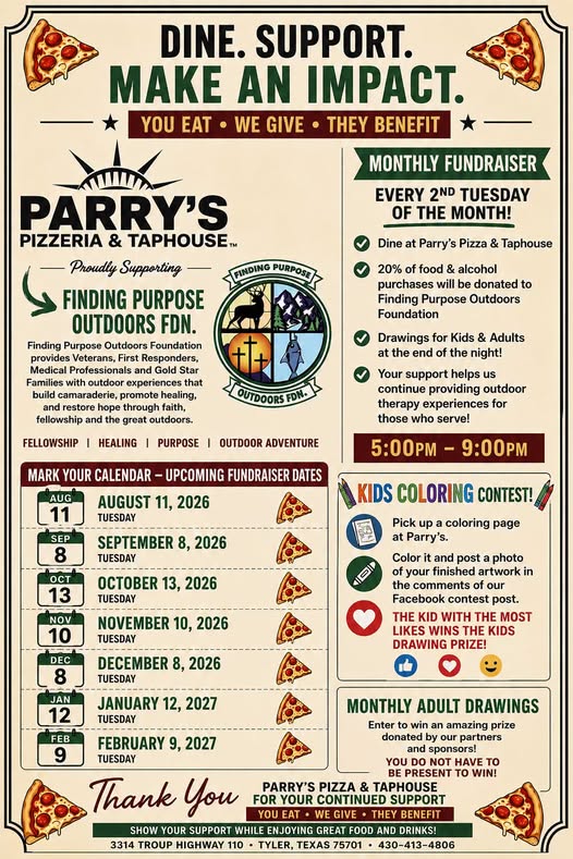 Parry's Pizza monthly fundraiser flyer for Finding Purpose Outdoors Foundation — every 2nd Tuesday from 5 to 9 PM